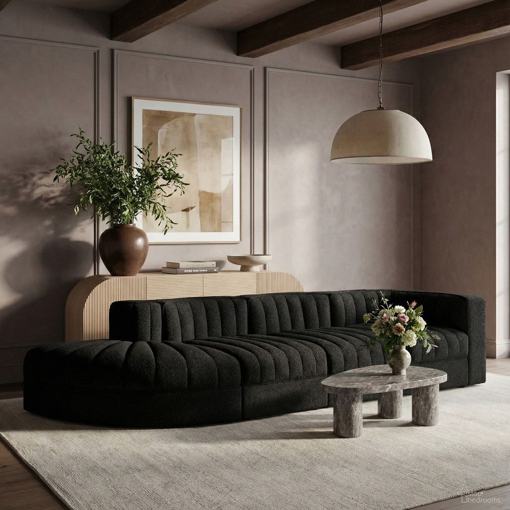 The appearance of Rummi Velvet Performance Fabric Upholstered 4-Piece Modular Sectional In Black designed by Meridian in the modern / contemporary interior design. This black piece of furniture was selected by 1StopBedrooms from Rummi Collection to add a touch of cosiness and style into your home. Sku: 660Black-Armless;660Black-Armless;660Black-Corner;660Black-RC. Material: Foam.