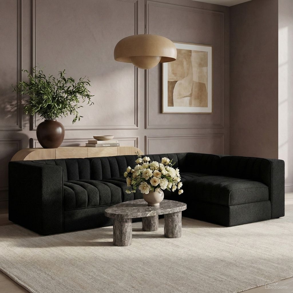 The appearance of Rummi Velvet Performance Fabric Upholstered 4-Piece Modular Sectional In Black designed by Meridian in the modern / contemporary interior design. This black piece of furniture was selected by 1StopBedrooms from Rummi Collection to add a touch of cosiness and style into your home. Sku: 660Black-Armless;660Black-Armless;660Black-Corner;660Black-Corner. Material: Foam.