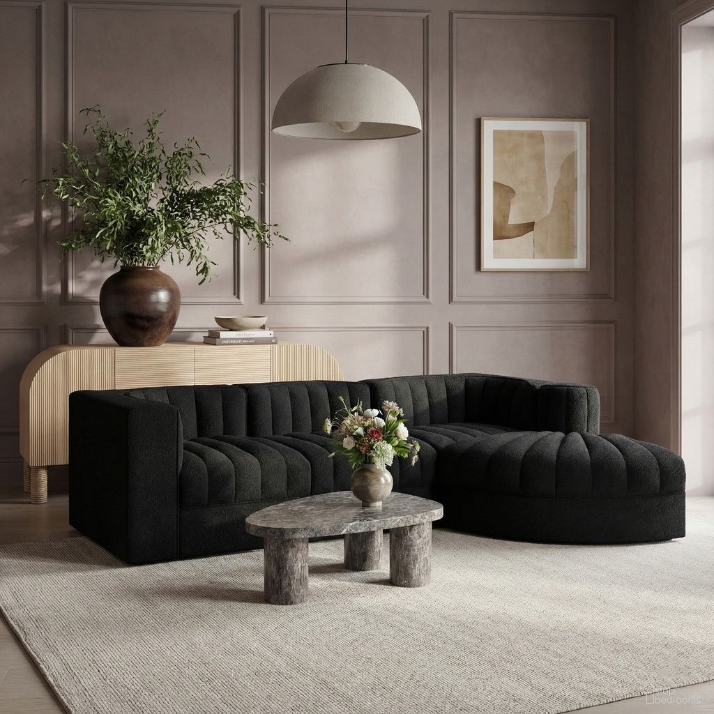 The appearance of Rummi Velvet Performance Fabric Upholstered 4-Piece Modular Sectional In Black designed by Meridian in the modern / contemporary interior design. This black piece of furniture was selected by 1StopBedrooms from Rummi Collection to add a touch of cosiness and style into your home. Sku: 660Black-Armless;660Black-Corner;660Black-Corner;660Black-RC. Material: Foam.