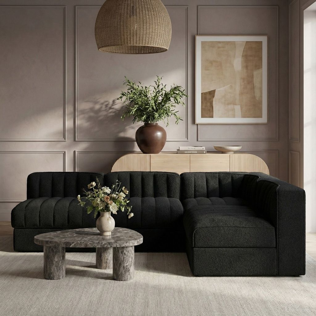 The appearance of Rummi Velvet Performance Fabric Upholstered 4-Piece Modular Sectional In Black designed by Meridian in the modern / contemporary interior design. This black piece of furniture was selected by 1StopBedrooms from Rummi Collection to add a touch of cosiness and style into your home. Sku: 660Black-Armless;660Black-Armless;660Black-Armless;660Black-Corner. Material: Foam.
