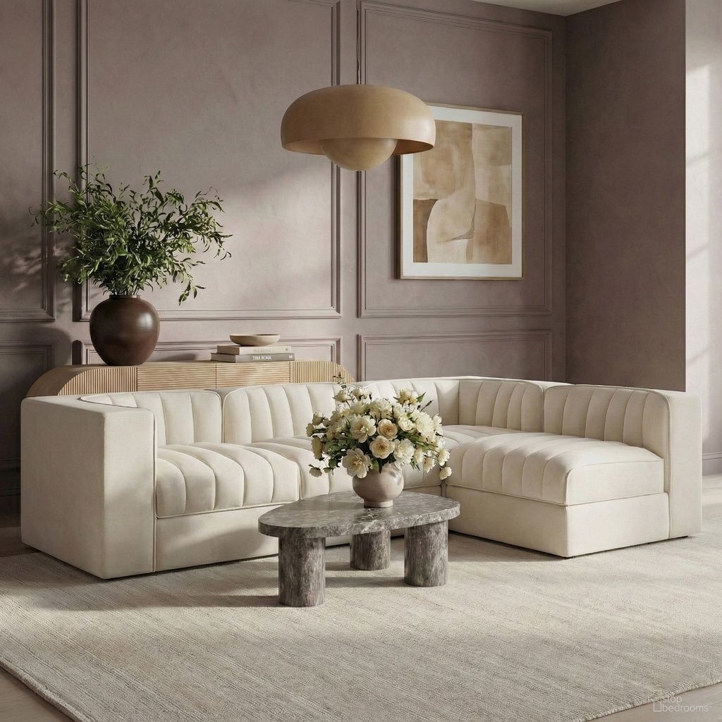 The appearance of Rummi Velvet Performance Fabric Upholstered 4-Piece Modular Sectional In Cream designed by Meridian in the modern / contemporary interior design. This cream piece of furniture  was selected by 1StopBedrooms from Rummi Collection to add a touch of cosiness and style into your home. Sku: 660Cream-Armless;660Cream-Armless;660Cream-Corner;660Cream-Corner. Material: Foam.