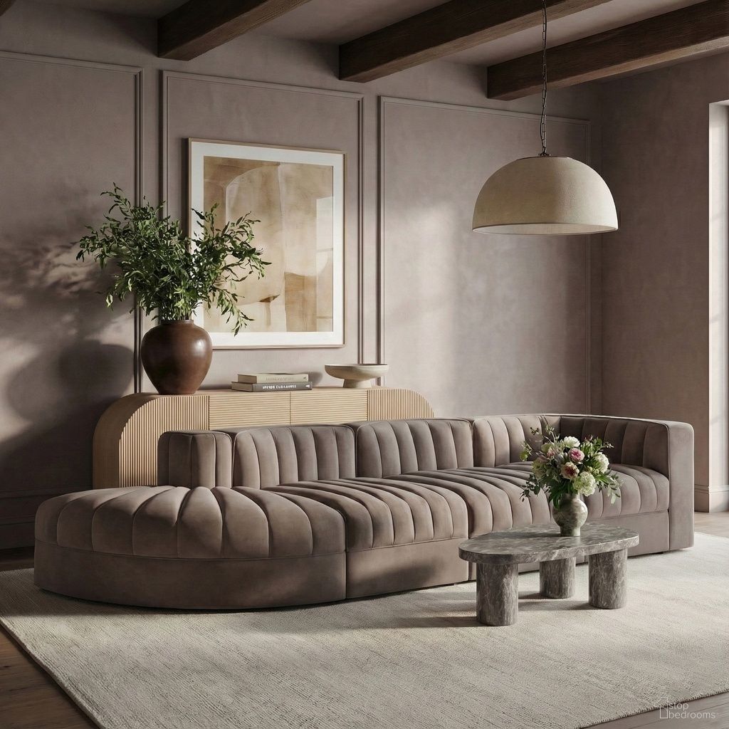 The appearance of Rummi Velvet Performance Fabric Upholstered 4-Piece Modular Sectional In Taupe designed by Meridian in the modern / contemporary interior design. This taupe piece of furniture  was selected by 1StopBedrooms from Rummi Collection to add a touch of cosiness and style into your home. Sku: 660Taupe-Armless;660Taupe-Armless;660Taupe-Corner;660Taupe-RC. Material: Foam.
