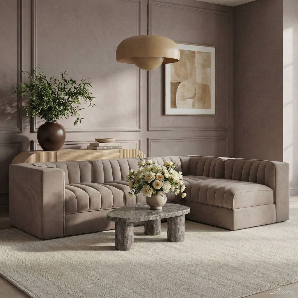 The appearance of Rummi Velvet Performance Fabric Upholstered 4-Piece Modular Sectional In Taupe designed by Meridian in the modern / contemporary interior design. This taupe piece of furniture  was selected by 1StopBedrooms from Rummi Collection to add a touch of cosiness and style into your home. Sku: 660Taupe-Armless;660Taupe-Armless;660Taupe-Corner;660Taupe-Corner. Material: Foam.