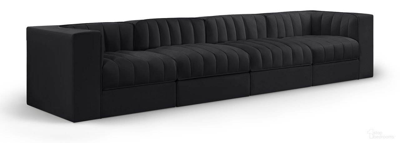 The appearance of Rummi Velvet Performance Fabric Upholstered 4-Piece Modular Sofa In Black designed by Meridian in the modern / contemporary interior design. This black piece of furniture was selected by 1StopBedrooms from Rummi Collection to add a touch of cosiness and style into your home. Sku: 660Black-Armless;660Black-Armless;660Black-Corner;660Black-Corner. Material: Foam.