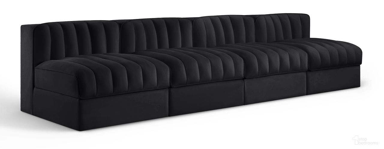 The appearance of Rummi Velvet Performance Fabric Upholstered 4-Piece Modular Sofa In Black designed by Meridian in the modern / contemporary interior design. This black piece of furniture was selected by 1StopBedrooms from Rummi Collection to add a touch of cosiness and style into your home. Sku: 660Black-Armless;660Black-Armless;660Black-Armless;660Black-Armless. Material: Foam.
