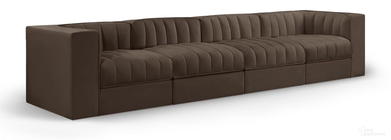 The appearance of Rummi Velvet Performance Fabric Upholstered 4-Piece Modular Sofa In Brown designed by Meridian in the modern / contemporary interior design. This brown piece of furniture was selected by 1StopBedrooms from Rummi Collection to add a touch of cosiness and style into your home. Sku: 660Brown-Armless;660Brown-Armless;660Brown-Corner;660Brown-Corner. Material: Foam.