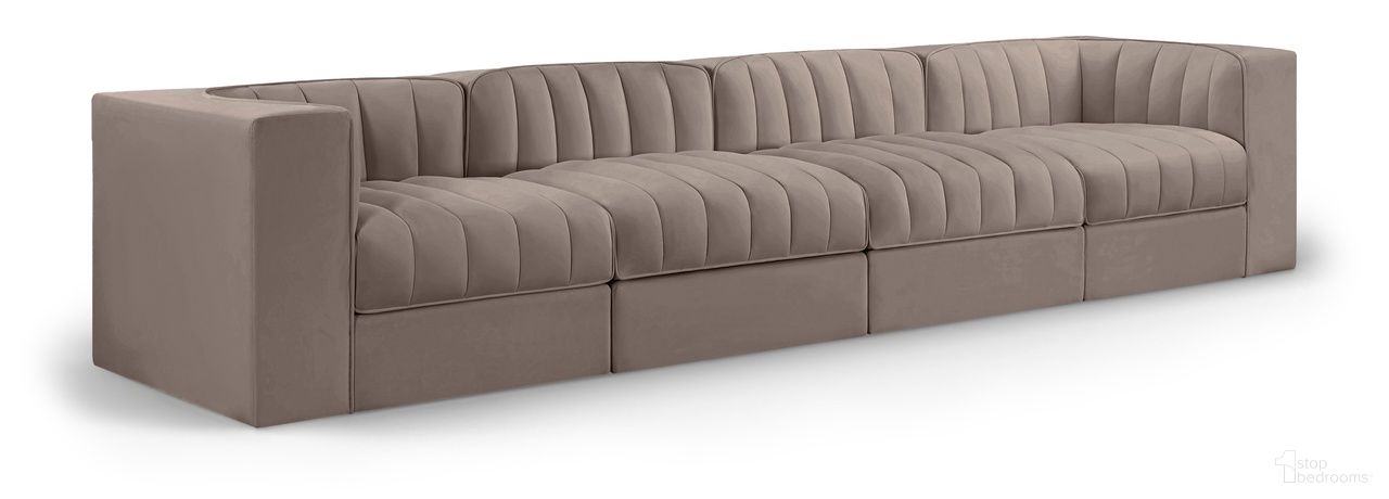 The appearance of Rummi Velvet Performance Fabric Upholstered 4-Piece Modular Sofa In Taupe designed by Meridian in the modern / contemporary interior design. This taupe piece of furniture  was selected by 1StopBedrooms from Rummi Collection to add a touch of cosiness and style into your home. Sku: 660Taupe-Armless;660Taupe-Armless;660Taupe-Corner;660Taupe-Corner. Material: Foam.