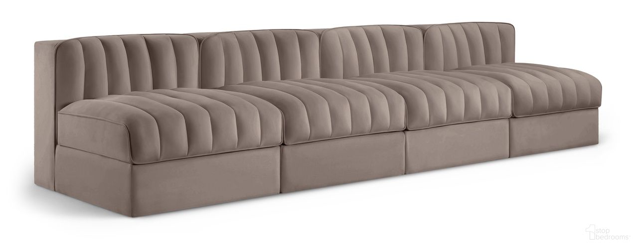 The appearance of Rummi Velvet Performance Fabric Upholstered 4-Piece Modular Sofa In Taupe designed by Meridian in the modern / contemporary interior design. This taupe piece of furniture  was selected by 1StopBedrooms from Rummi Collection to add a touch of cosiness and style into your home. Sku: 660Taupe-Armless;660Taupe-Armless;660Taupe-Armless;660Taupe-Armless. Material: Foam.