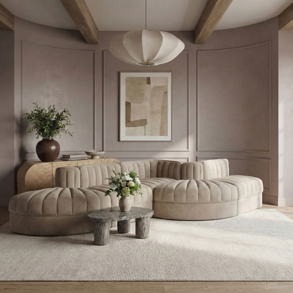 Rummi Velvet Performance Fabric Upholstered 5-Piece Modular Sectional In Beige