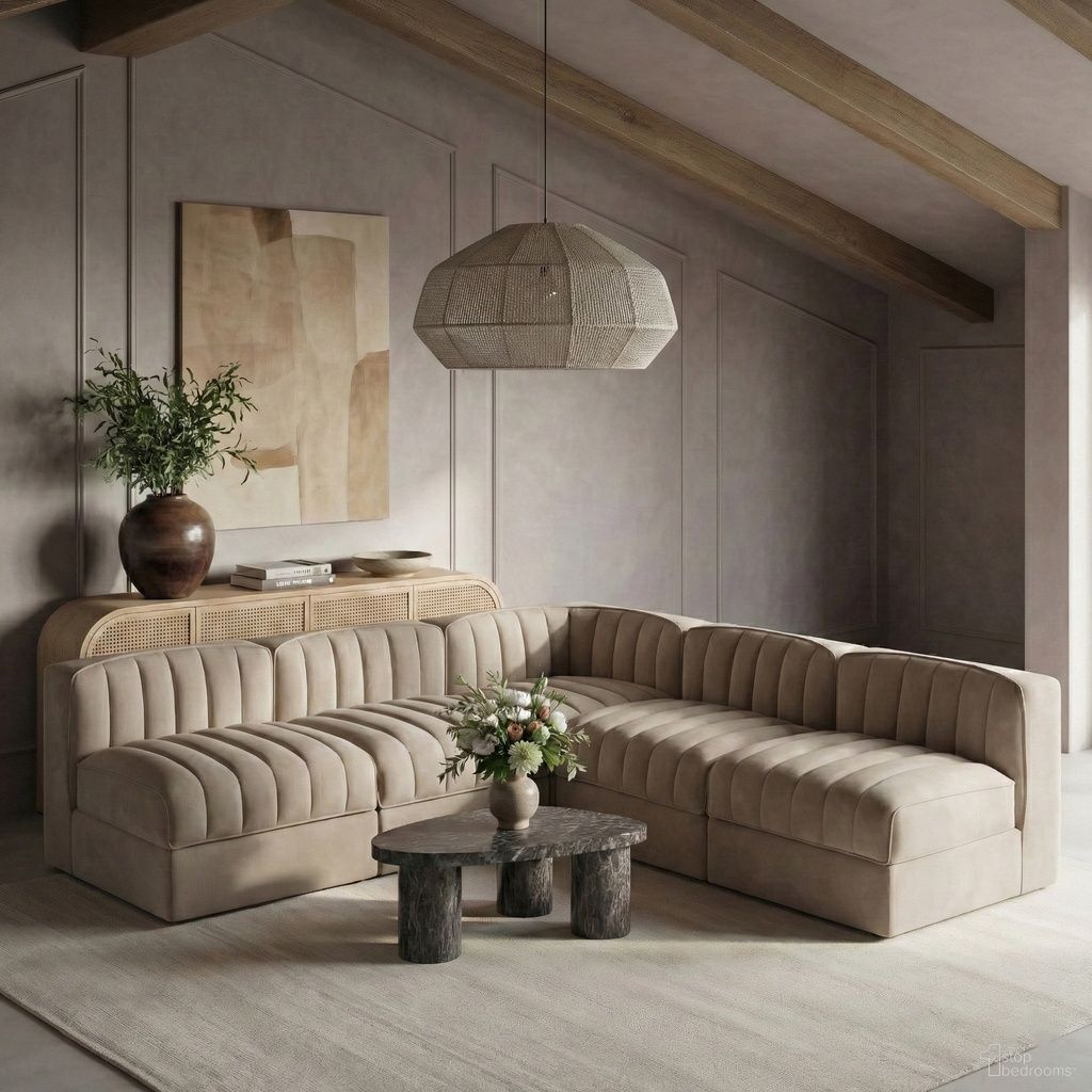 The appearance of Rummi Velvet Performance Fabric Upholstered 5-Piece Modular Sectional In Beige designed by Meridian in the modern / contemporary interior design. This beige piece of furniture  was selected by 1StopBedrooms from Rummi Collection to add a touch of cosiness and style into your home. Sku: 660Beige-Armless;660Beige-Armless;660Beige-Armless;660Beige-Armless;660Beige-Corner. Material: Foam.