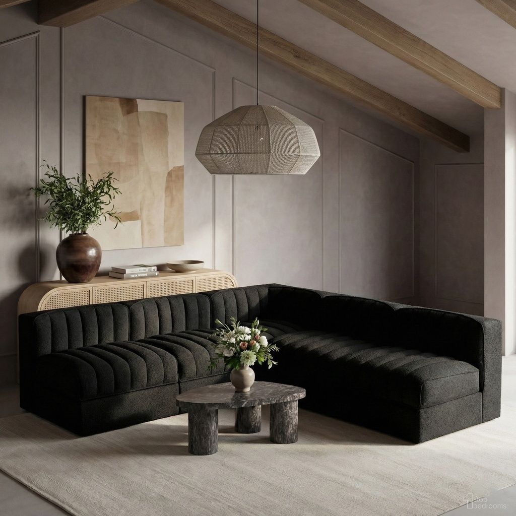 The appearance of Rummi Velvet Performance Fabric Upholstered 5-Piece Modular Sectional In Black designed by Meridian in the modern / contemporary interior design. This black piece of furniture was selected by 1StopBedrooms from Rummi Collection to add a touch of cosiness and style into your home. Sku: 660Black-Armless;660Black-Armless;660Black-Armless;660Black-Armless;660Black-Corner. Material: Foam.
