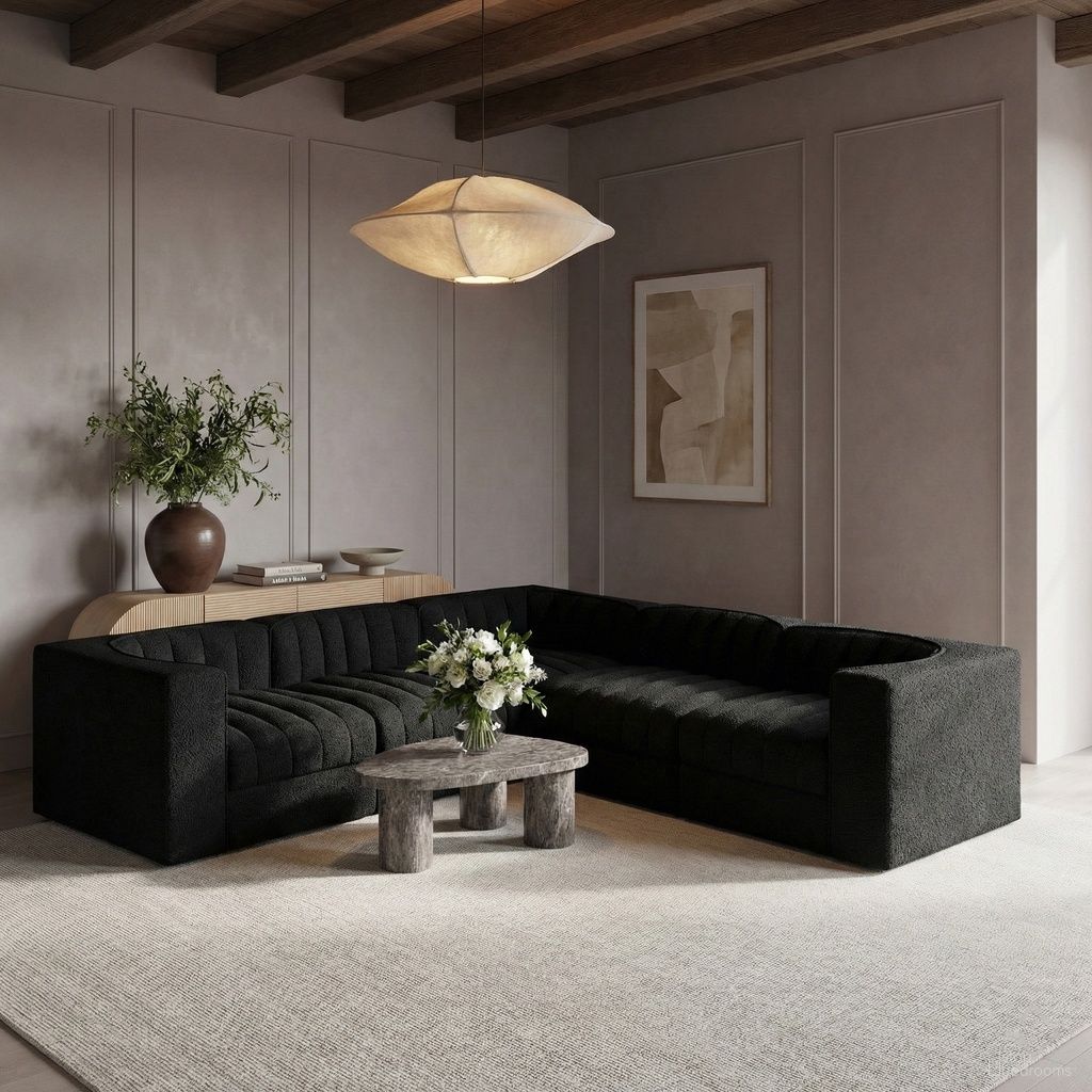 The appearance of Rummi Velvet Performance Fabric Upholstered 5-Piece Modular Sectional In Black designed by Meridian in the modern / contemporary interior design. This black piece of furniture was selected by 1StopBedrooms from Rummi Collection to add a touch of cosiness and style into your home. Sku: 660Black-Armless;660Black-Armless;660Black-Corner;660Black-Corner;660Black-Corner. Material: Foam.