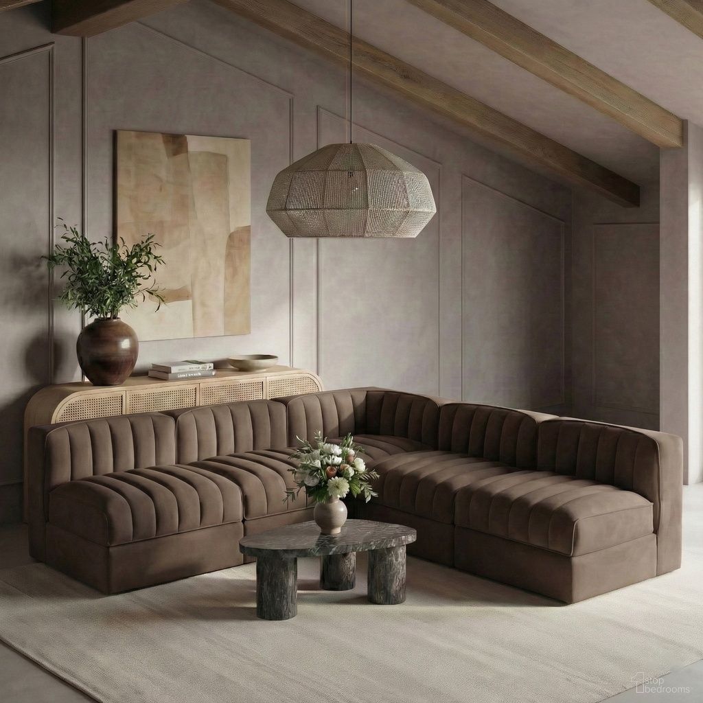 Rummi Velvet Performance Fabric Upholstered 5-Piece Modular Sectional In Brown