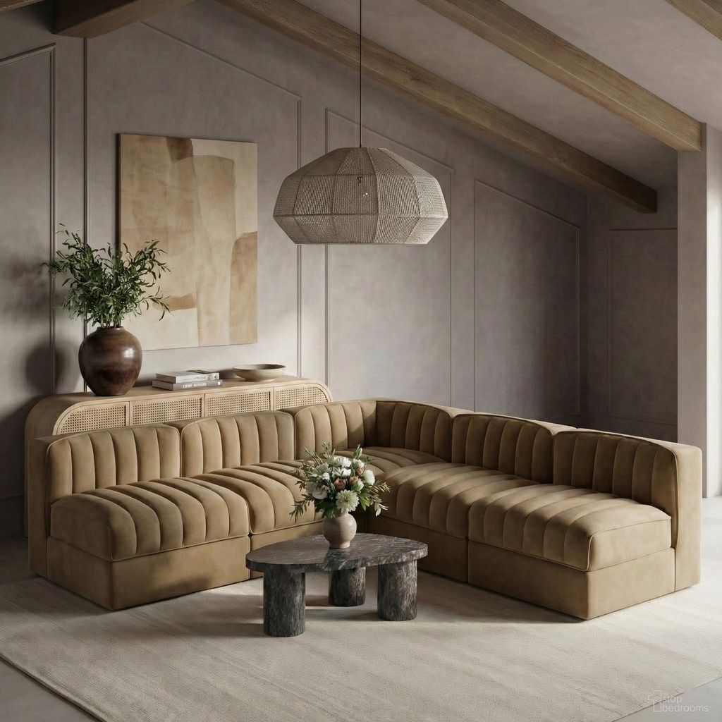 Rummi Velvet Performance Fabric Upholstered 5-Piece Modular Sectional In Saddle