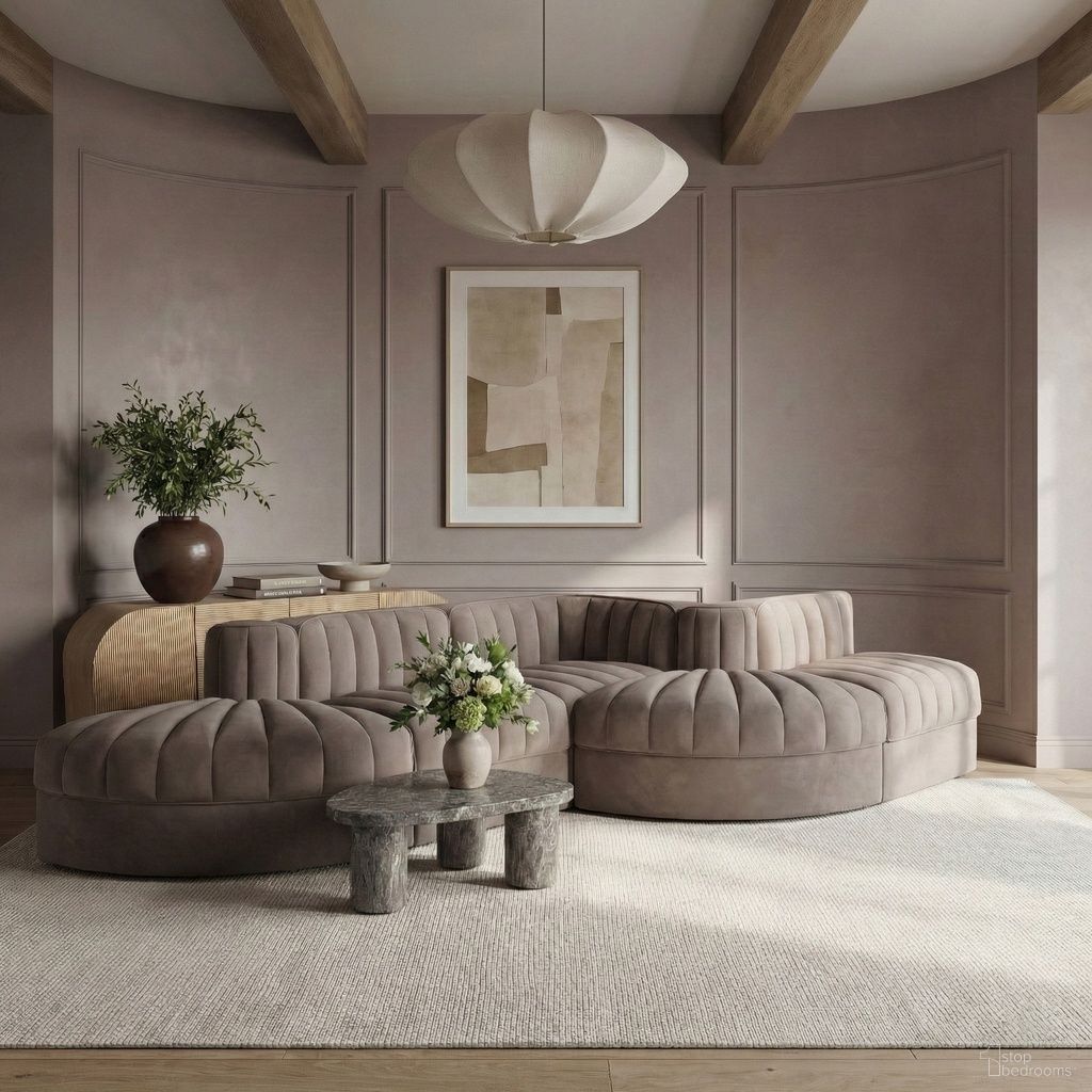 The appearance of Rummi Velvet Performance Fabric Upholstered 5-Piece Modular Sectional In Taupe designed by Meridian in the modern / contemporary interior design. This taupe piece of furniture was selected by 1StopBedrooms from Rummi Collection to add a touch of cosiness and style into your home. Sku: 660Taupe-Armless;660Taupe-Armless;660Taupe-Corner;660Taupe-RC;660Taupe-RC. Material: Foam.
