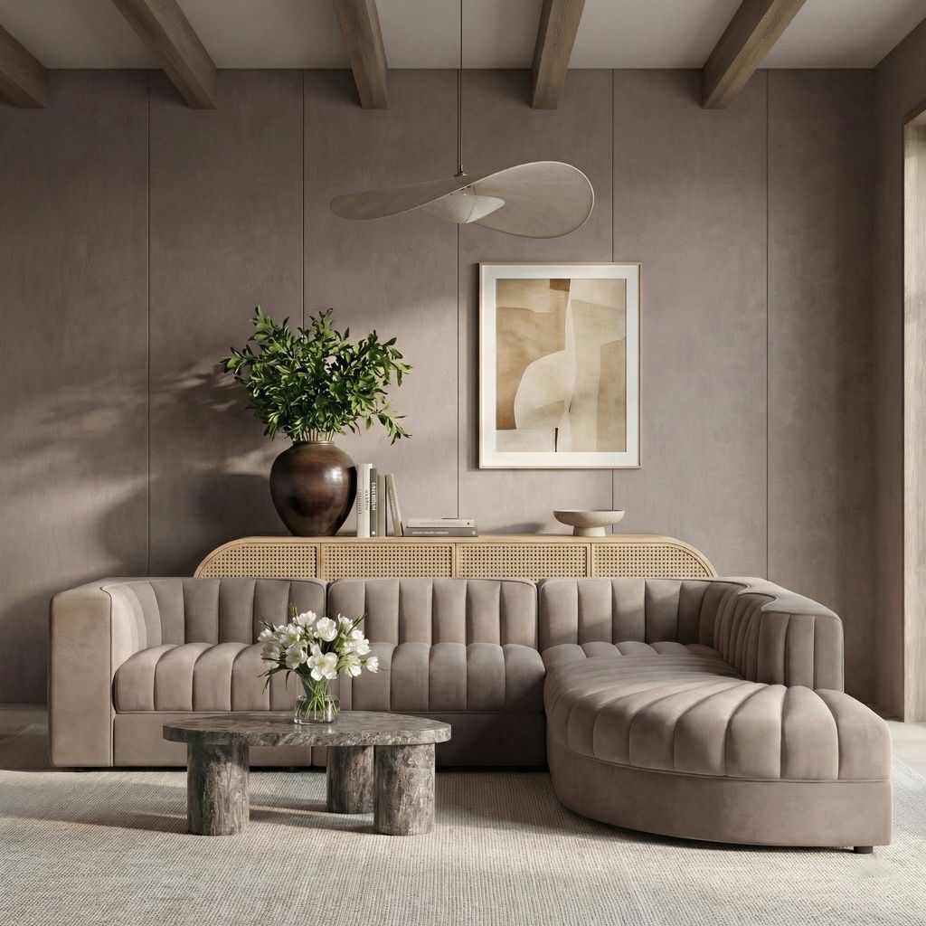 The appearance of Rummi Velvet Performance Fabric Upholstered 5-Piece Modular Sectional In Taupe designed by Meridian in the modern / contemporary interior design. This taupe piece of furniture  was selected by 1StopBedrooms from Rummi Collection to add a touch of cosiness and style into your home. Sku: 660Taupe-Armless;660Taupe-Armless;660Taupe-Corner;660Taupe-Corner;660Taupe-RC. Material: Foam.