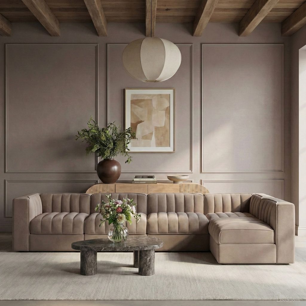 The appearance of Rummi Velvet Performance Fabric Upholstered 5-Piece Modular Sectional In Taupe designed by Meridian in the modern / contemporary interior design. This taupe piece of furniture  was selected by 1StopBedrooms from Rummi Collection to add a touch of cosiness and style into your home. Sku: 660Taupe-Armless;660Taupe-Armless;660Taupe-Armless;660Taupe-Corner;660Taupe-Corner. Material: Foam.