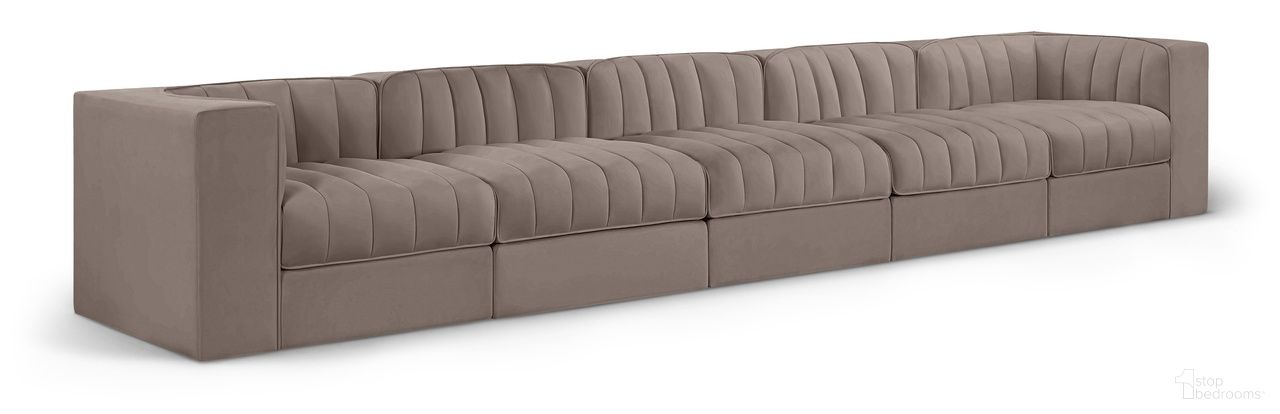 The appearance of Rummi Velvet Performance Fabric Upholstered 5-Piece Modular Sofa In Taupe designed by Meridian in the modern / contemporary interior design. This taupe piece of furniture was selected by 1StopBedrooms from Rummi Collection to add a touch of cosiness and style into your home. Sku: 660Taupe-Armless;660Taupe-Armless;660Taupe-Armless;660Taupe-Corner;660Taupe-Corner. Material: Foam.