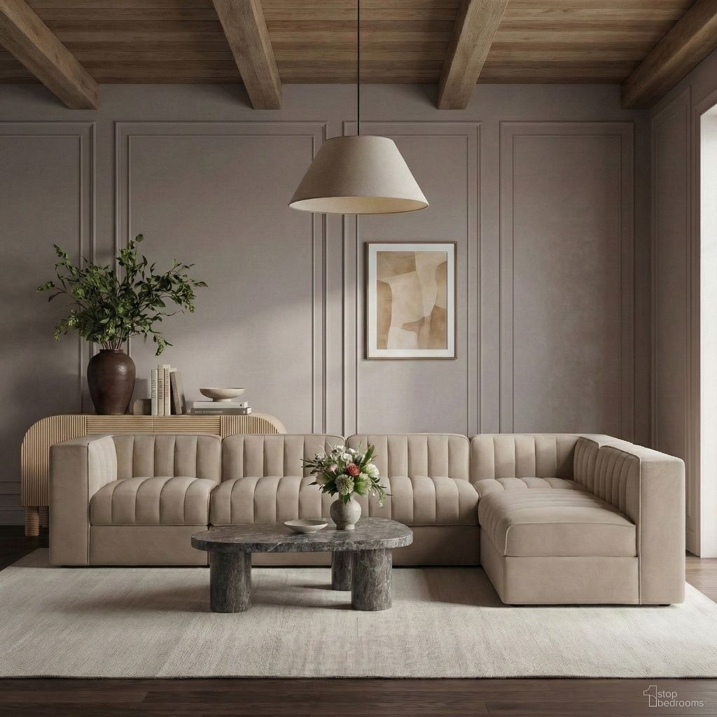Rummi Velvet Performance Fabric Upholstered 6-Piece Modular Sectional In Beige