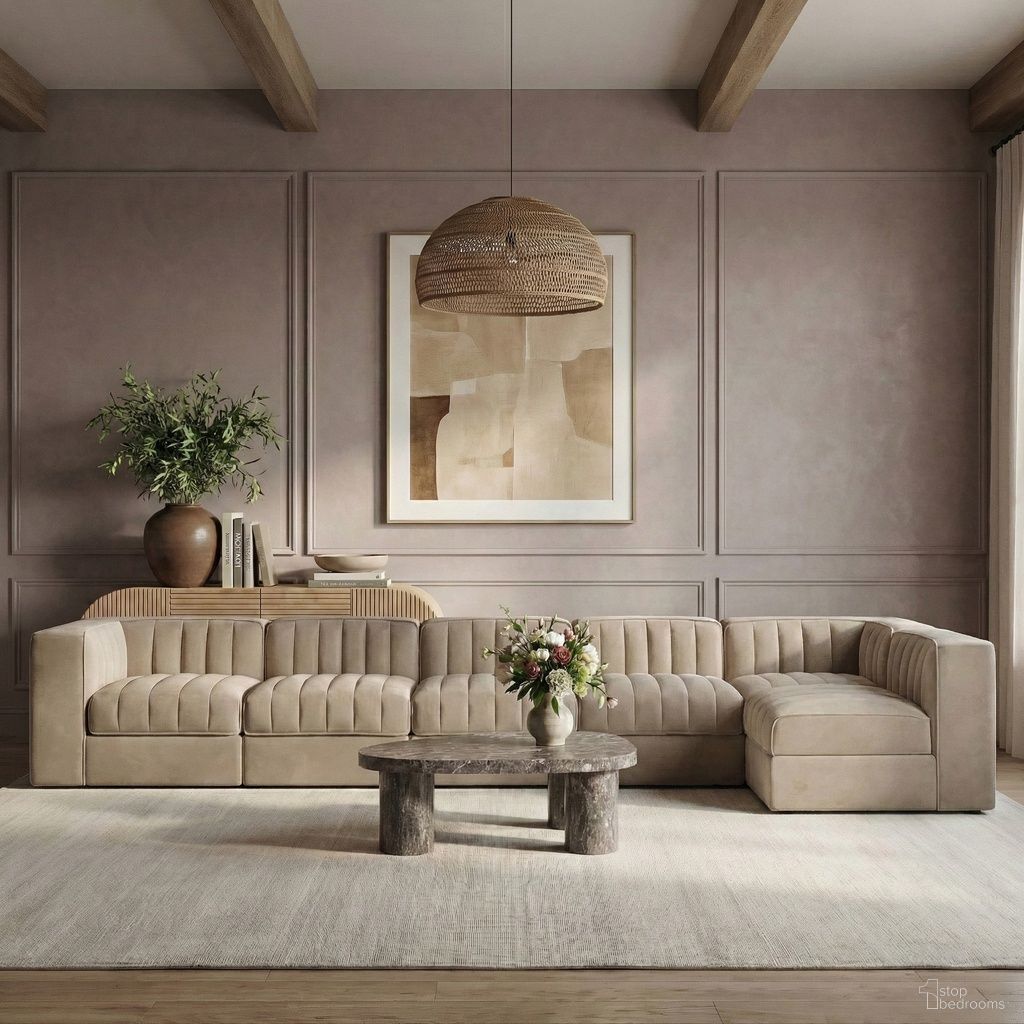 Rummi Velvet Performance Fabric Upholstered 6-Piece Modular Sectional In Beige