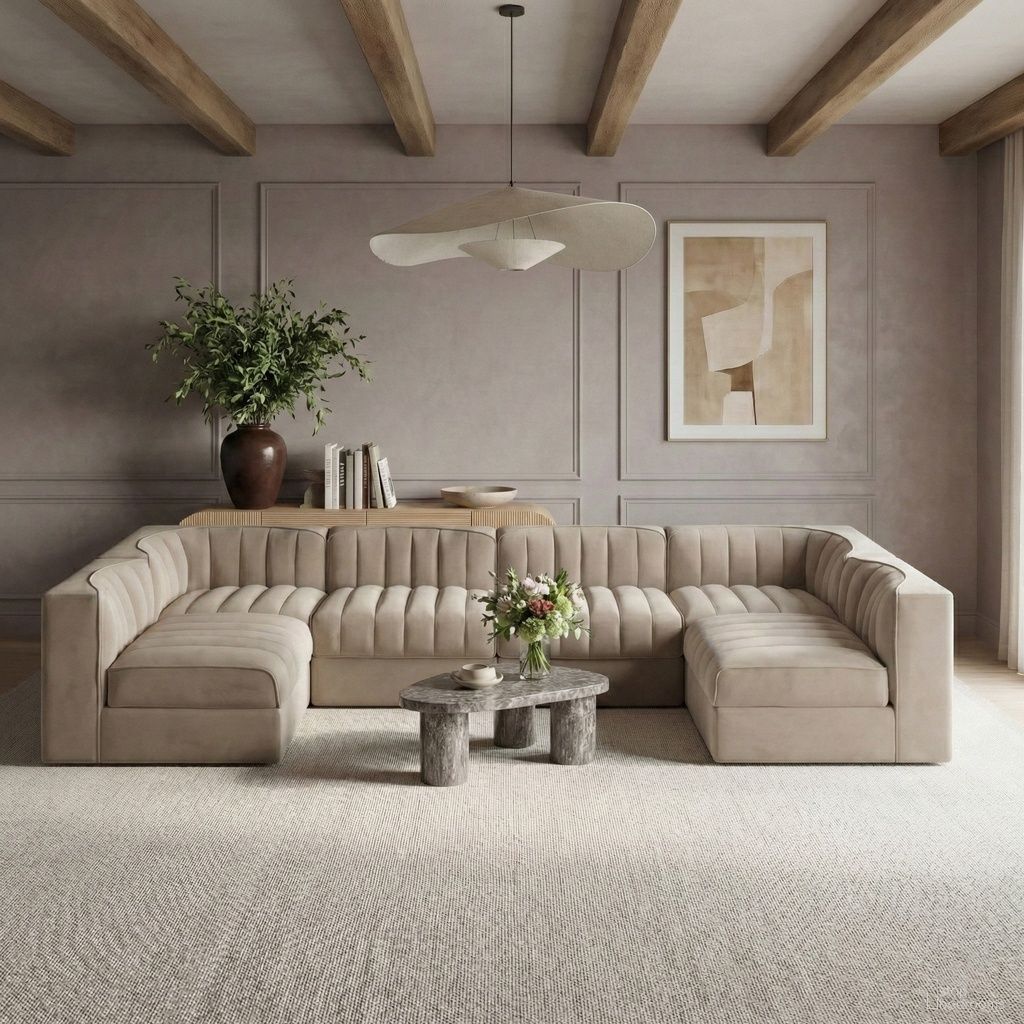 Rummi Velvet Performance Fabric Upholstered 6-Piece Modular Sectional In Beige
