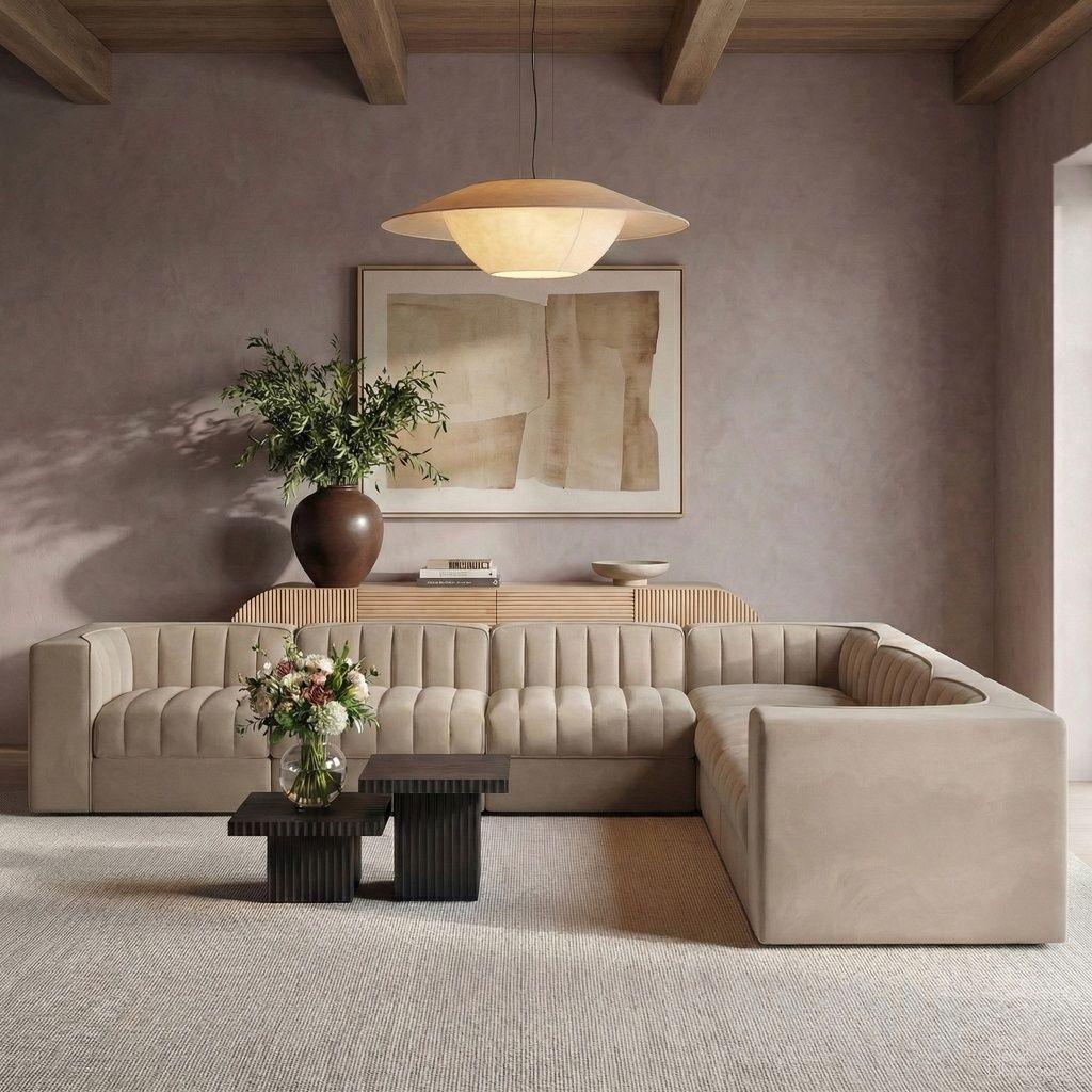 Rummi Velvet Performance Fabric Upholstered 7-Piece Modular Sectional In Beige