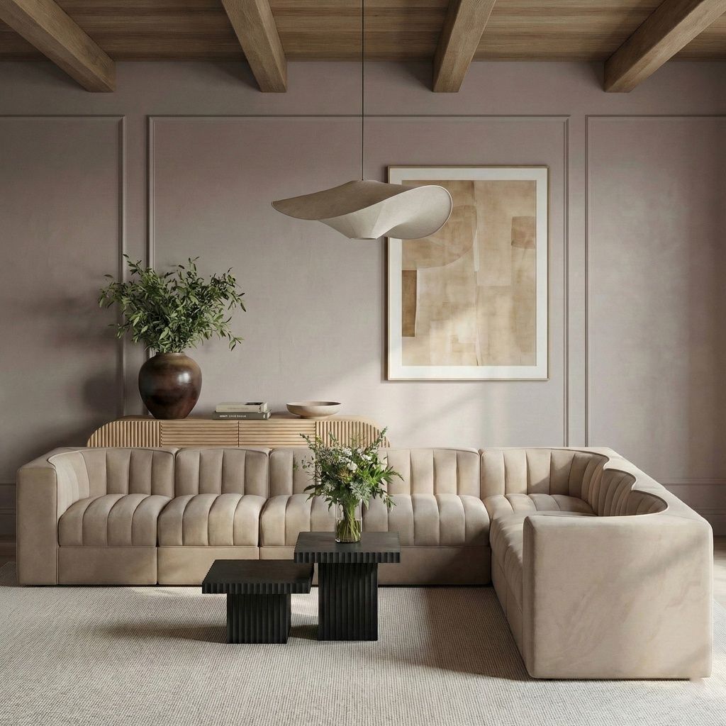 Rummi Velvet Performance Fabric Upholstered 7-Piece Modular Sectional In Beige