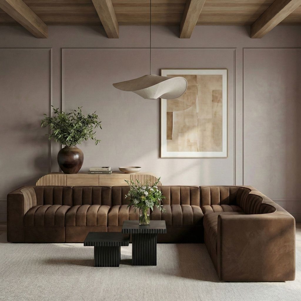 Rummi Velvet Performance Fabric Upholstered 7-Piece Modular Sectional In Brown
