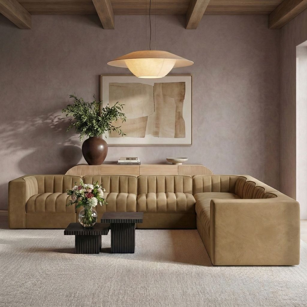 Rummi Velvet Performance Fabric Upholstered 7-Piece Modular Sectional In Saddle