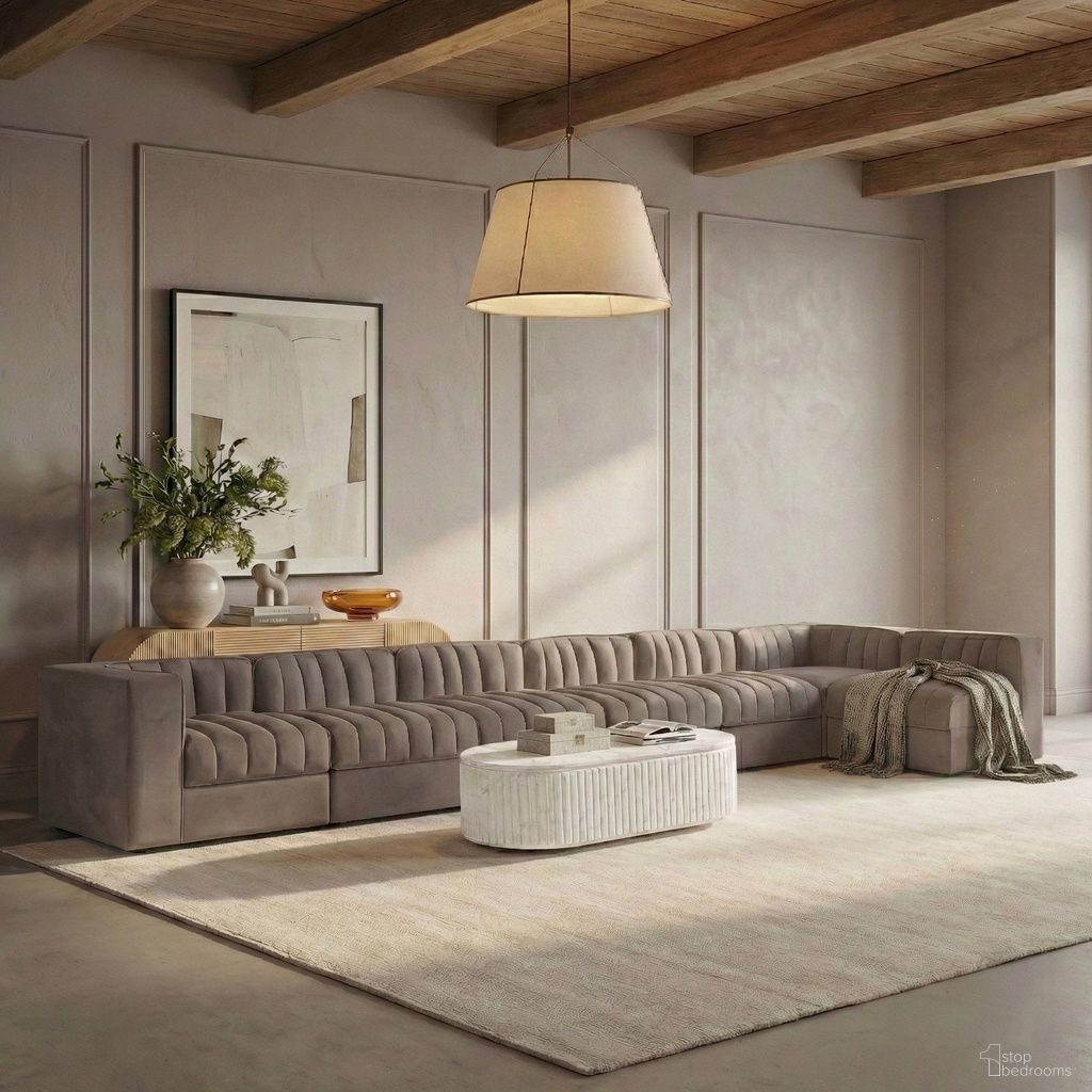 The appearance of Rummi Velvet Performance Fabric Upholstered 7-Piece Modular Sectional In Taupe designed by Meridian in the modern / contemporary interior design. This taupe piece of furniture was selected by 1StopBedrooms from Rummi Collection to add a touch of cosiness and style into your home. Sku: 660Taupe-Armless;660Taupe-Armless;660Taupe-Armless;660Taupe-Armless;660Taupe-Armless;660Taupe-Corner;660Taupe-Corner. Material: Foam.