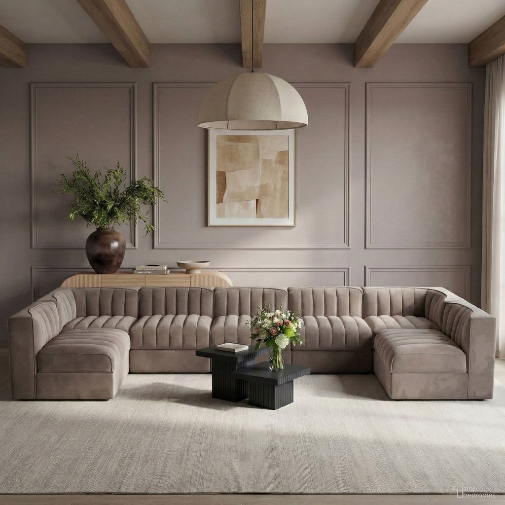 The appearance of Rummi Velvet Performance Fabric Upholstered 7-Piece Modular Sectional In Taupe designed by Meridian in the modern / contemporary interior design. This taupe piece of furniture was selected by 1StopBedrooms from Rummi Collection to add a touch of cosiness and style into your home. Sku: 660Taupe-Armless;660Taupe-Armless;660Taupe-Armless;660Taupe-Armless;660Taupe-Armless;660Taupe-Corner;660Taupe-Corner. Material: Foam.