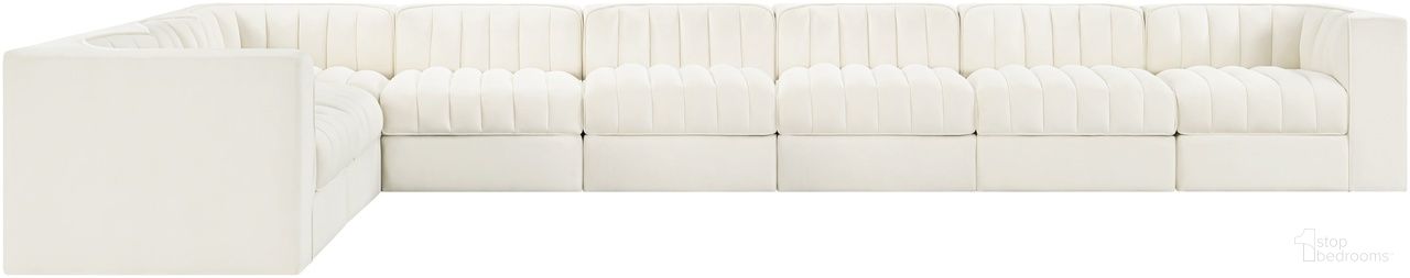 The appearance of Rummi Velvet Performance Fabric Upholstered 8-Piece Modular Sectional In Cream designed by Meridian in the modern / contemporary interior design. This cream piece of furniture  was selected by 1StopBedrooms from Rummi Collection to add a touch of cosiness and style into your home. Sku: 660Cream-Armless;660Cream-Armless;660Cream-Armless;660Cream-Armless;660Cream-Armless;660Cream-Corner;660Cream-Corner;660Cream-Corner. Material: Foam.