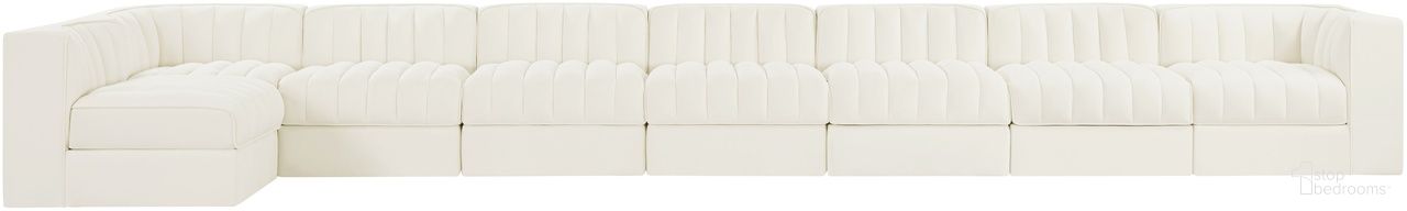 The appearance of Rummi Velvet Performance Fabric Upholstered 8-Piece Modular Sectional In Cream designed by Meridian in the modern / contemporary interior design. This cream piece of furniture  was selected by 1StopBedrooms from Rummi Collection to add a touch of cosiness and style into your home. Sku: 660Cream-Armless;660Cream-Armless;660Cream-Armless;660Cream-Armless;660Cream-Armless;660Cream-Armless;660Cream-Corner;660Cream-Corner. Material: Foam.