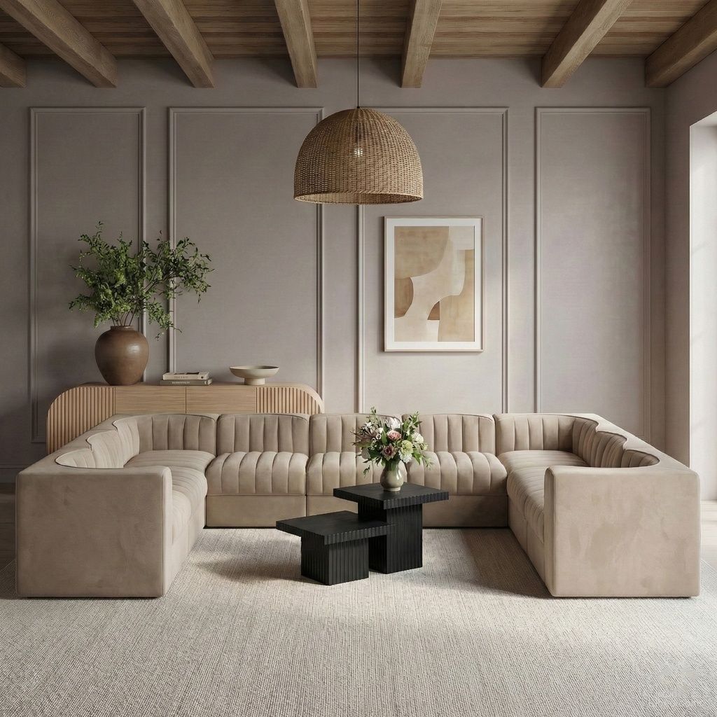 Rummi Velvet Performance Fabric Upholstered 9-Piece Modular Sectional In Beige