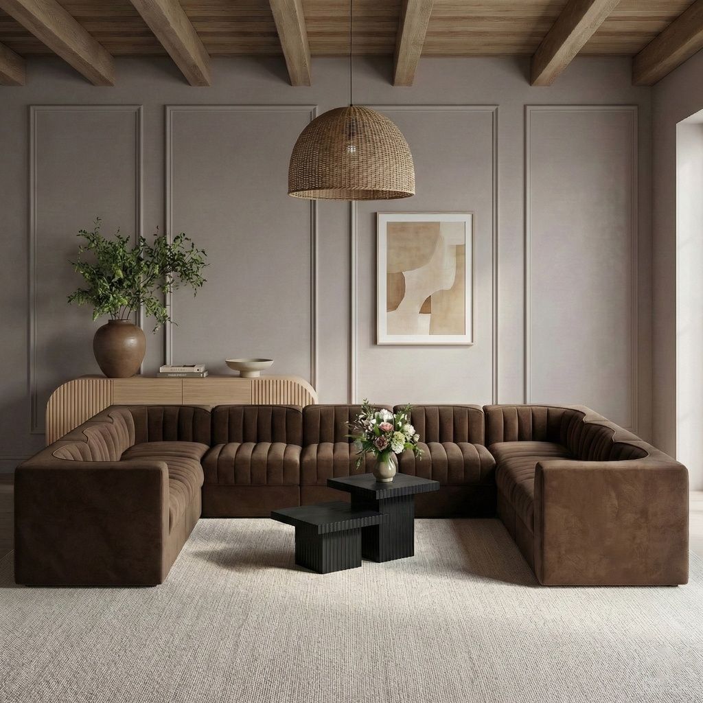 Rummi Velvet Performance Fabric Upholstered 9-Piece Modular Sectional In Brown