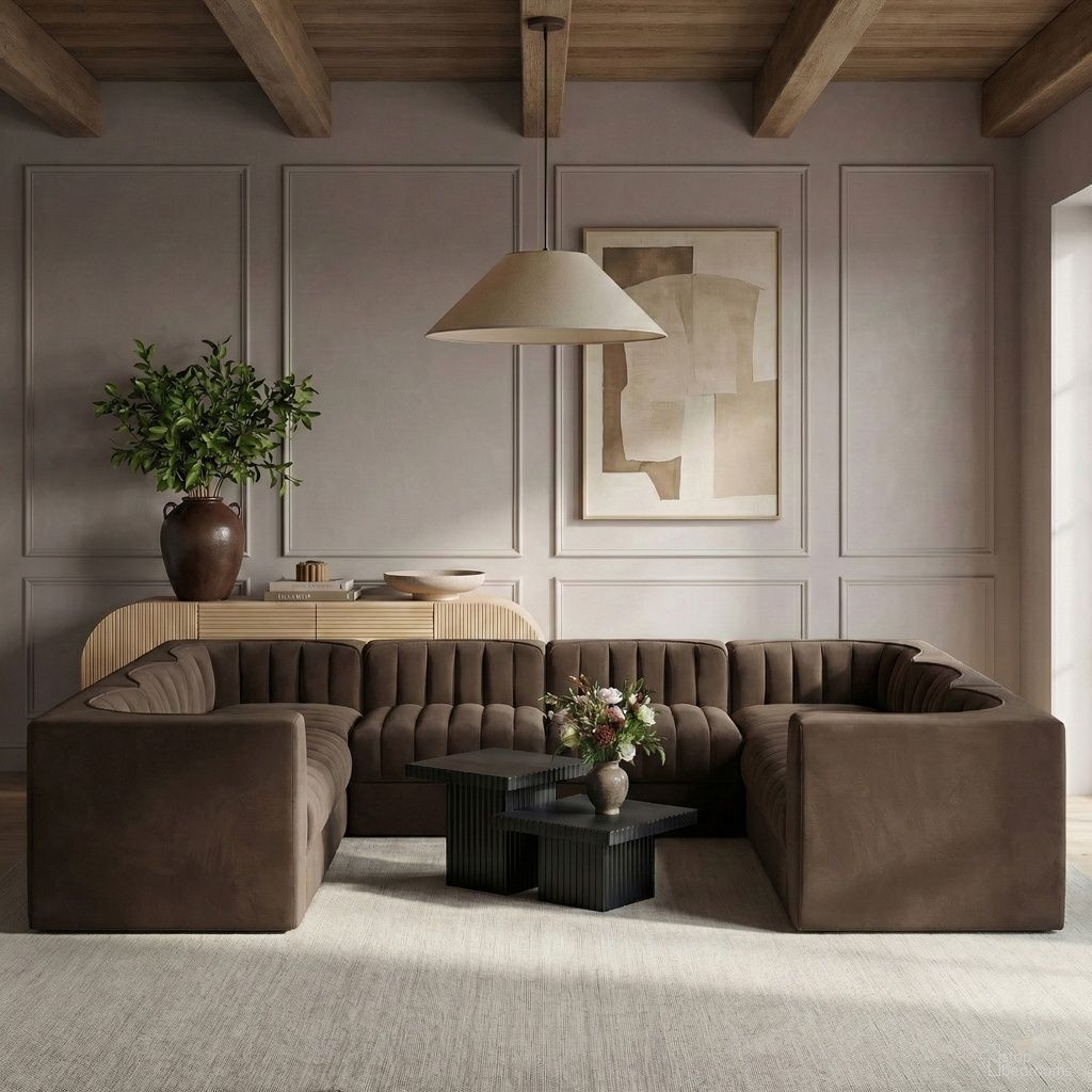 Rummi Velvet Performance Fabric Upholstered Modular Sectional In Brown