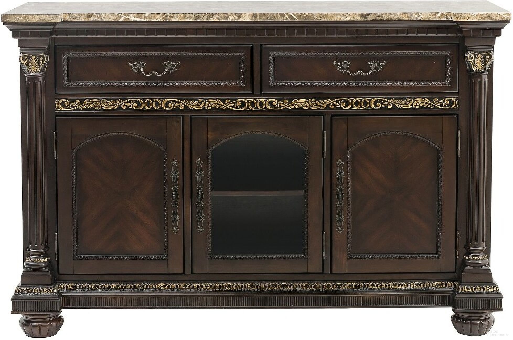 The appearance of Russian Hill Cherry Faux Marble Top Server designed by Homelegance in the traditional interior design. This brown piece of furniture was selected by 1StopBedrooms from Russian Hill Collection to add a touch of cosiness and style into your home. Sku: 1808-40. Material: Wood.