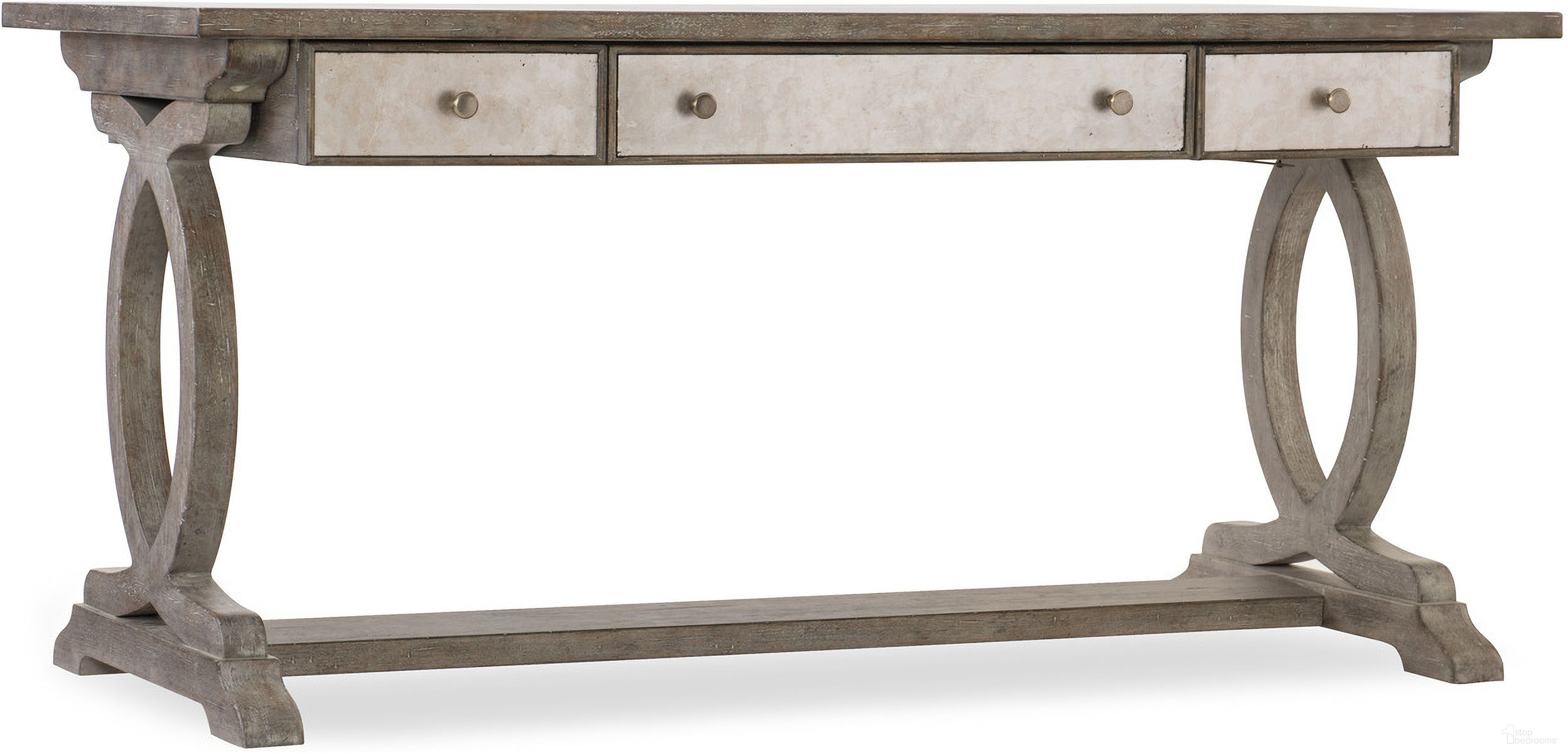 The appearance of Rustic Glam Light Wood Trestle Desk designed by Hooker in the traditional interior design. This light wood piece of furniture was selected by 1StopBedrooms from Rustic Glam Collection to add a touch of cosiness and style into your home. Sku: 1641-10459-LTWD. Material: Oak Veneer.