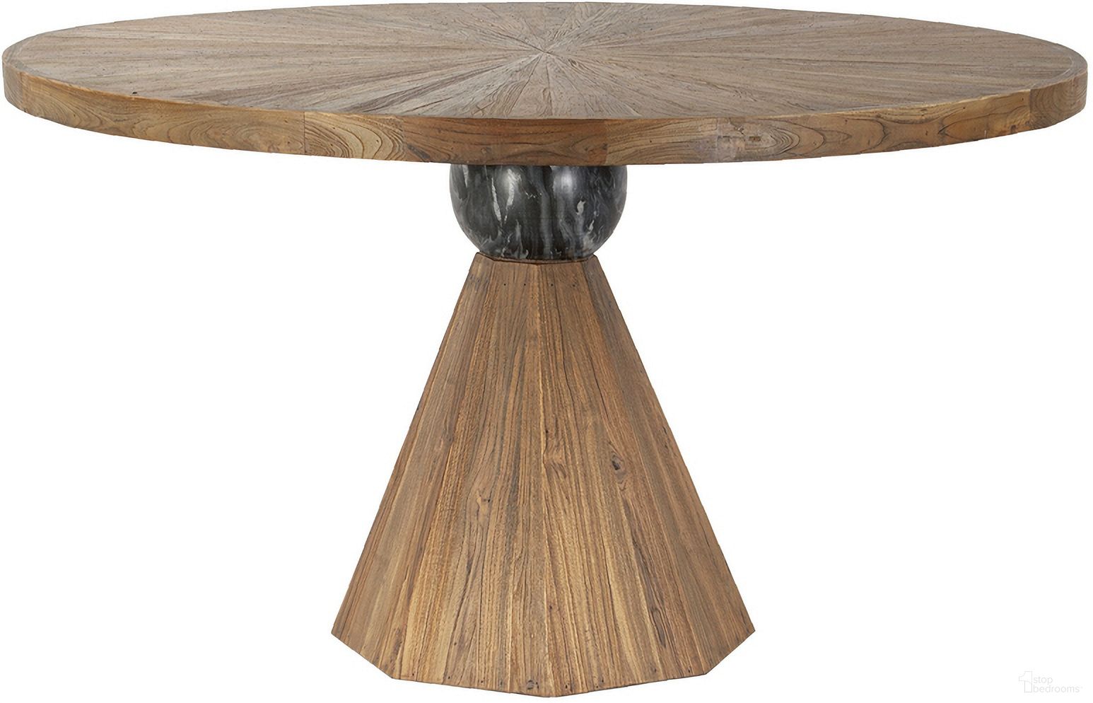 The appearance of Rustic Revival Dining Table Natural Teak Wood with Black Marble Pedestal In Gray designed by Home Trends and Design in the modern / contemporary interior design. This gray piece of furniture  was selected by 1StopBedrooms from Rustic Revival Collection to add a touch of cosiness and style into your home. Sku: ZWRRRD54. Table Base Style: Pedestal. Table Top Shape: Round. Size: 54". Material: Teak Wood.