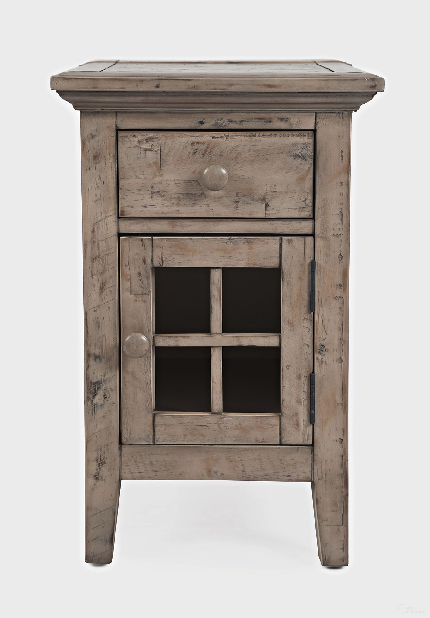 The appearance of Rustic Shores USB Charging Chairside End Table In Brown Grey designed by Jofran in the rustic / southwestern interior design. This brown grey piece of furniture  was selected by 1StopBedrooms from Rustic Shores Collection to add a touch of cosiness and style into your home. Sku: 1620-22. Material: Acacia.