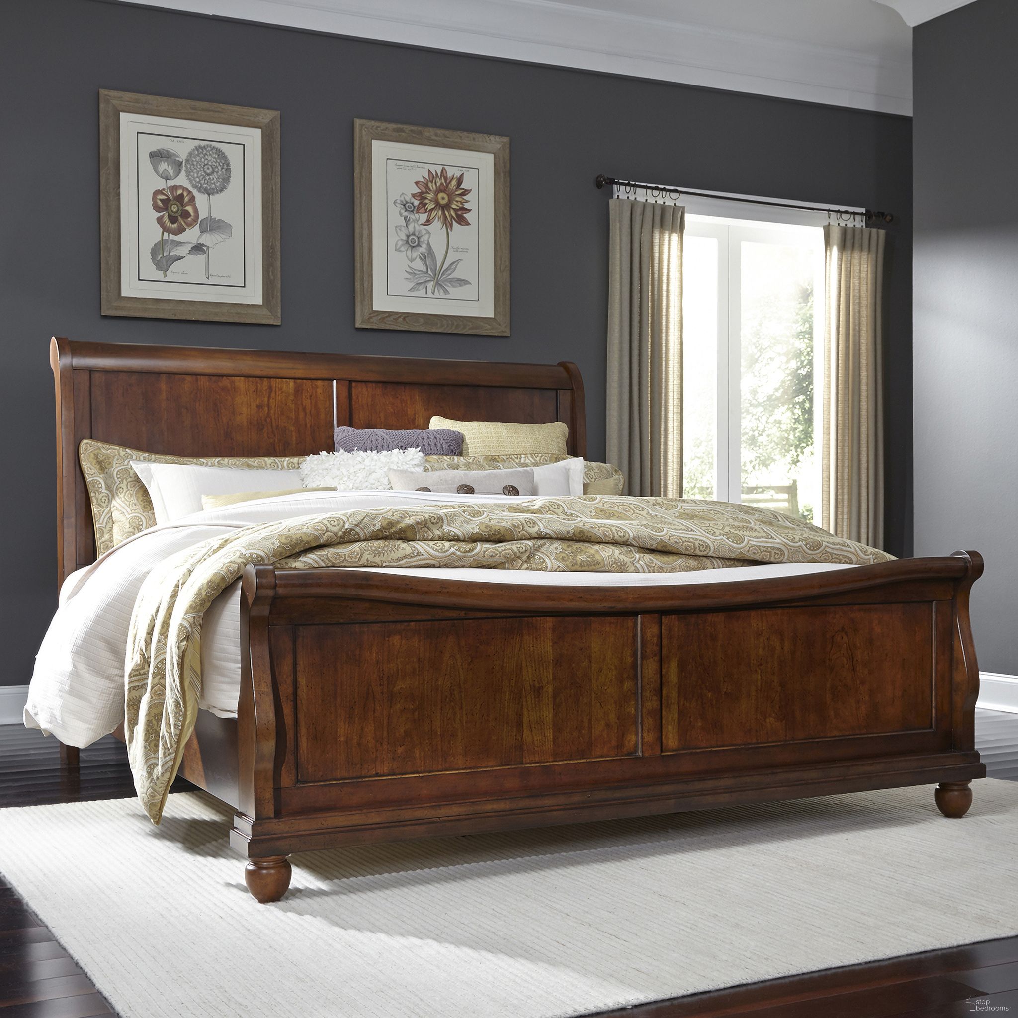 The appearance of Rustic Traditions California King Sleigh Bed In Rustic Cherry designed by Liberty in the traditional interior design. This rustic cherry piece of furniture was selected by 1StopBedrooms from Rustic Traditions Collection to add a touch of cosiness and style into your home. Sku: 589-BR22F;589-BR22H;589-BR90C. Bed Type: Sleigh Bed. Bed Size: California King. Material: Poplar.