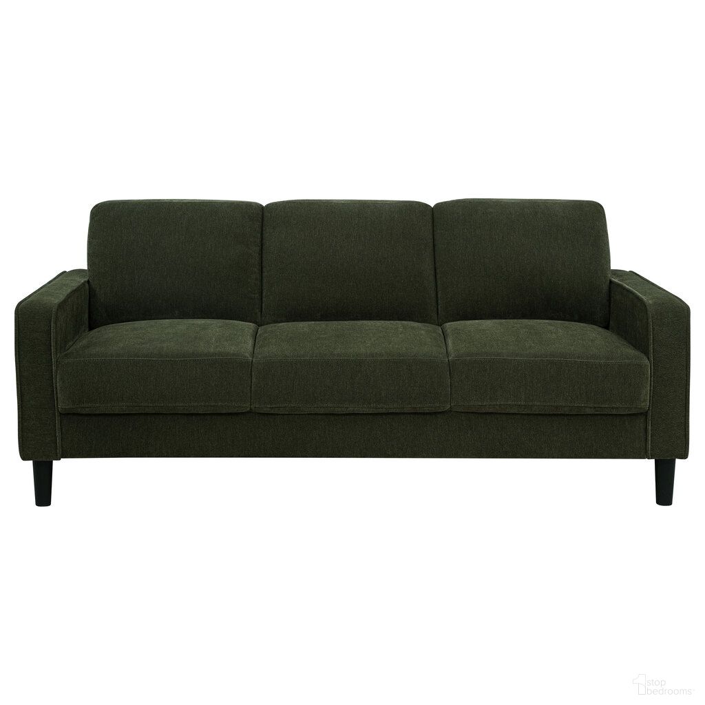 The appearance of Ruth 77-Inch Fabric Upholstered Track Arm Sofa In Matcha Green designed by Coaster in the transitional interior design. This matcha green piece of furniture was selected by 1StopBedrooms from Ruth Collection to add a touch of cosiness and style into your home. Sku: 511214. Material: Plastic.