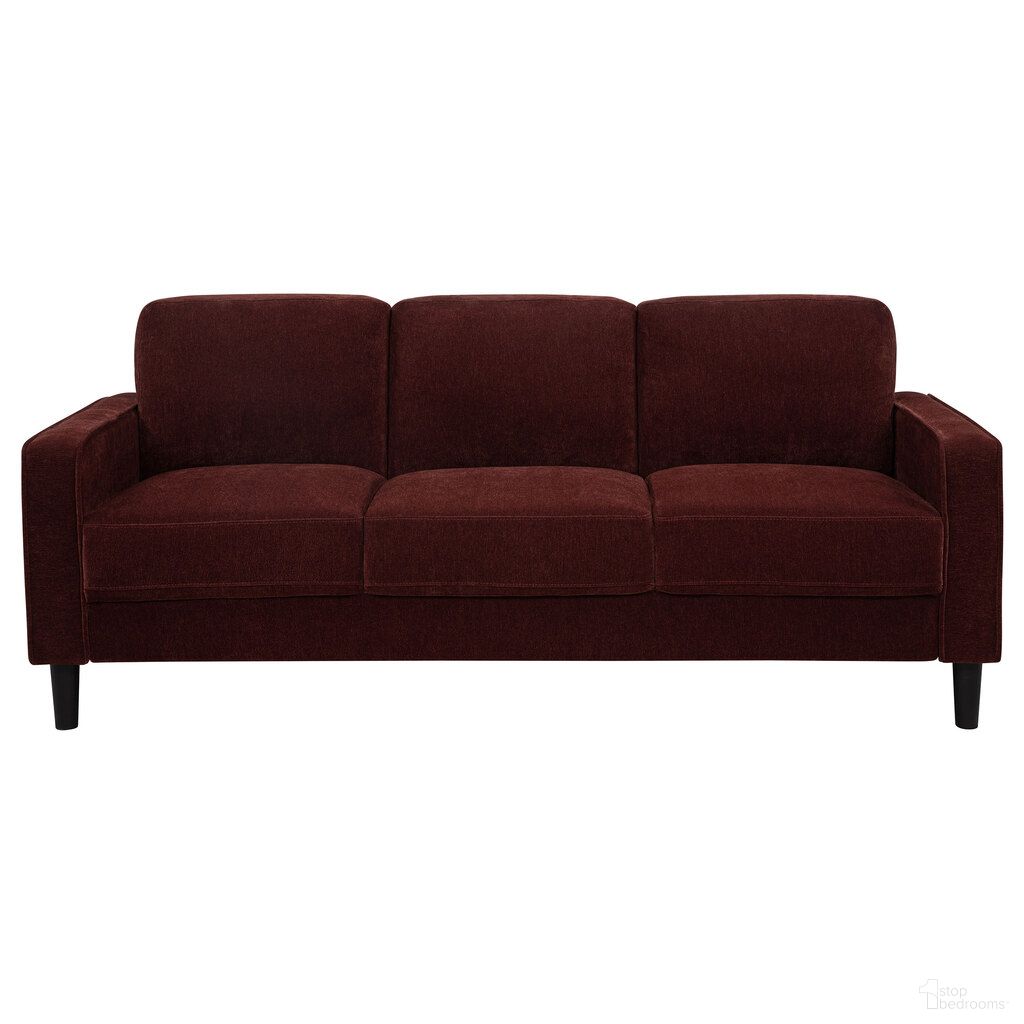 The appearance of Ruth 77-Inch Fabric Upholstered Track Arm Sofa In Rust Red designed by Coaster in the transitional interior design. This rust red piece of furniture was selected by 1StopBedrooms from Ruth Collection to add a touch of cosiness and style into your home. Sku: 511211. Material: Fabric.
