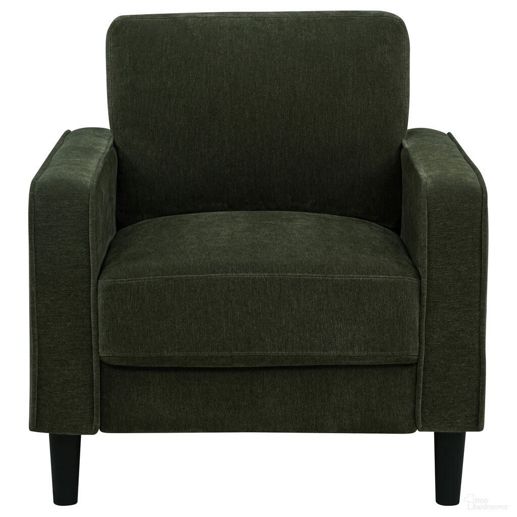 The appearance of Ruth Fabric Upholstered Track Arm Accent Chair In Matcha Green designed by Coaster in the transitional interior design. This matcha green piece of furniture was selected by 1StopBedrooms from Ruth Collection to add a touch of cosiness and style into your home. Sku: 511216. Material: Fabric.