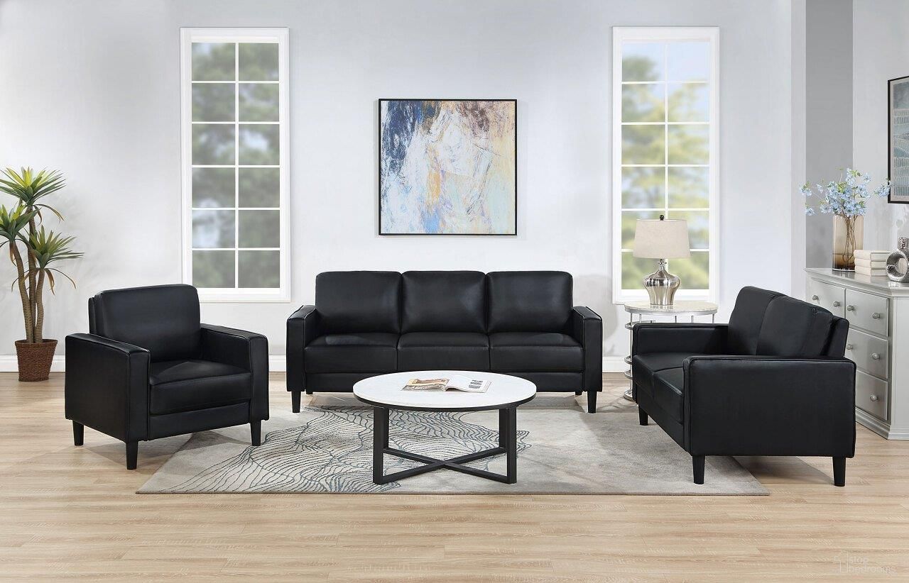The appearance of Ruth Living Room Set In Black designed by Coaster in the transitional interior design. This black piece of furniture was selected by 1StopBedrooms from Ruth Collection to add a touch of cosiness and style into your home. Sku: 508361;508362. Material: Upholstered.