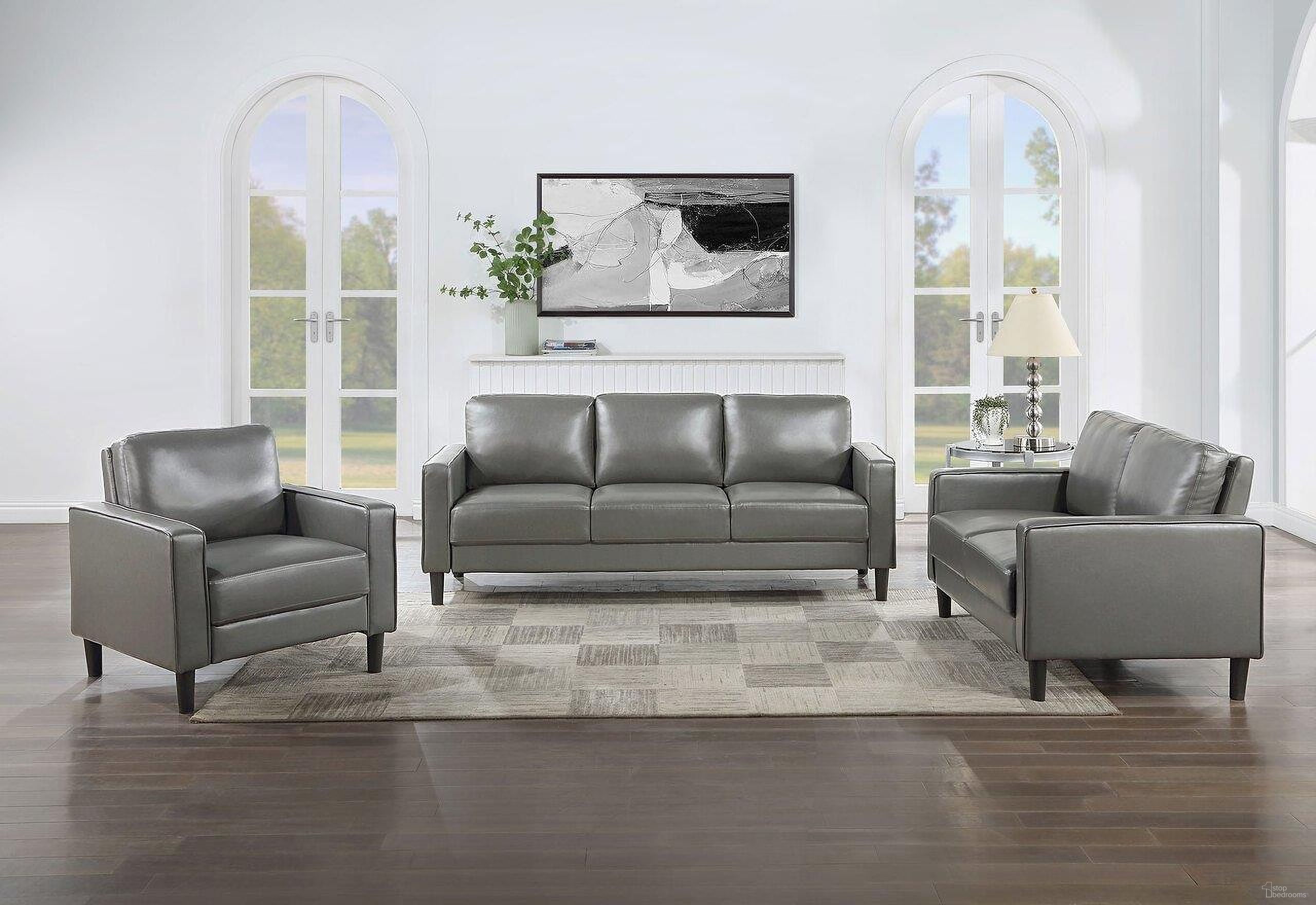 The appearance of Ruth Living Room Set In Grey designed by Coaster in the transitional interior design. This grey piece of furniture  was selected by 1StopBedrooms from Ruth Collection to add a touch of cosiness and style into your home. Sku: 508365;508366. Material: Upholstered.