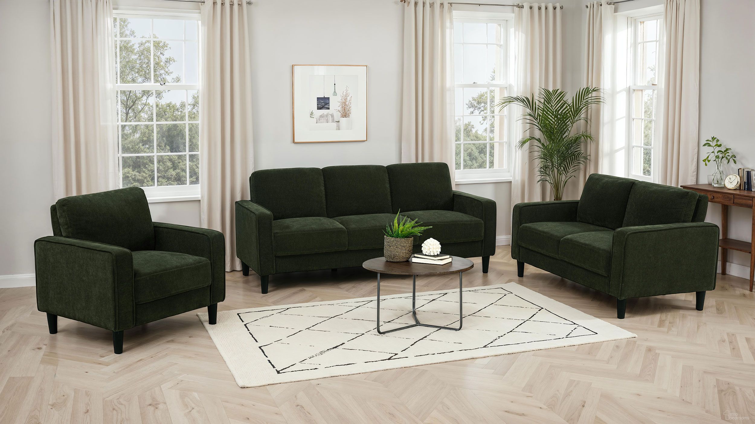 The appearance of Ruth Living Room Set In Matcha Green designed by Coaster in the transitional interior design. This matcha green piece of furniture was selected by 1StopBedrooms from Ruth Collection to add a touch of cosiness and style into your home. Sku: 511214;511215. Material: Fabric.