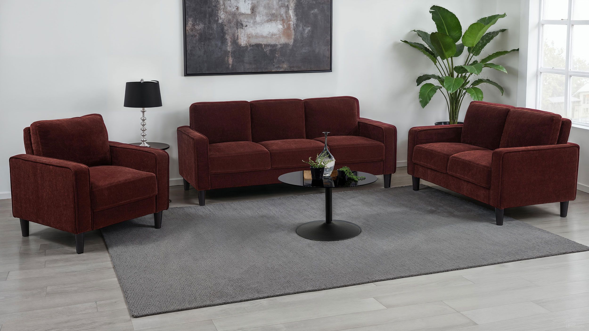 The appearance of Ruth Living Room Set In Rust Red designed by Coaster in the transitional interior design. This rust red piece of furniture  was selected by 1StopBedrooms from Ruth Collection to add a touch of cosiness and style into your home. Sku: 511211;511212. Material: Fabric.
