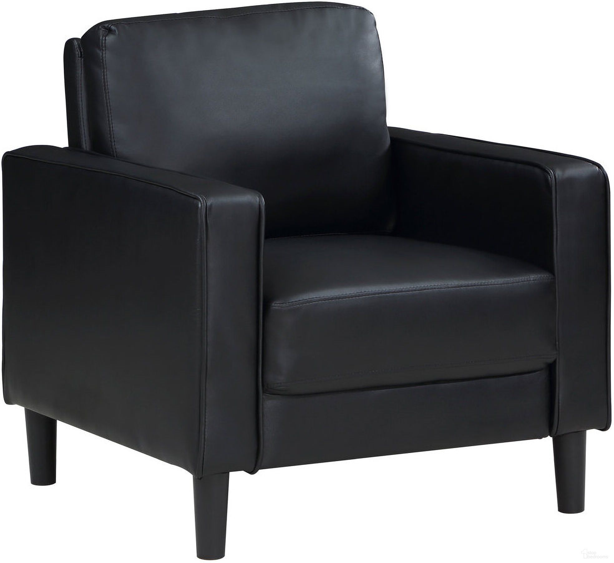 The appearance of Ruth Upholstered Track Arm Faux Leather Accent Chair Black designed by Coaster in the transitional interior design. This black piece of furniture was selected by 1StopBedrooms from Ruth Collection to add a touch of cosiness and style into your home. Sku: 508363. Material: Faux Leather.