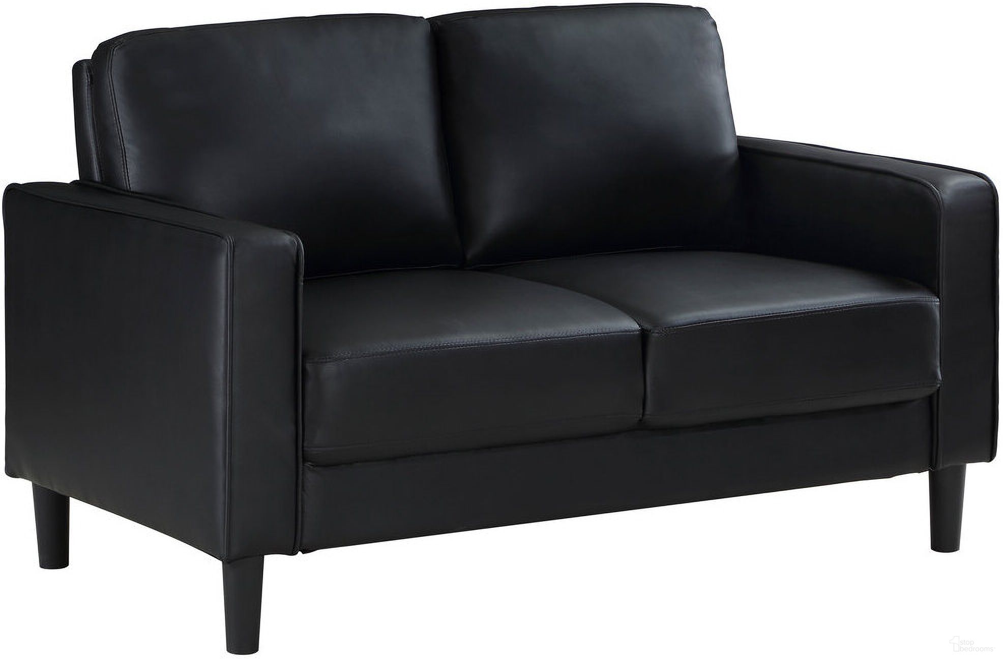 The appearance of Ruth Upholstered Track Arm Faux Leather Loveseat Black designed by Coaster in the transitional interior design. This black piece of furniture was selected by 1StopBedrooms from Ruth Collection to add a touch of cosiness and style into your home. Sku: 508362. Material: Faux Leather.